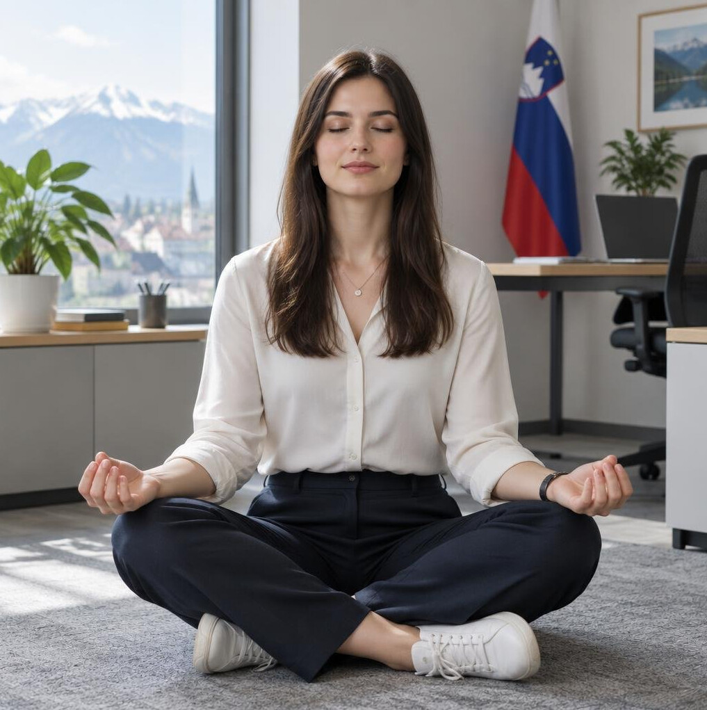 Employee practicing mindfulness and meditation in a quiet office room