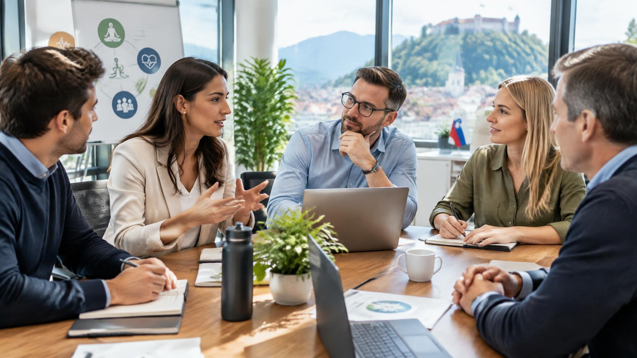 Team of colleagues discussing wellness strategy in a bright office