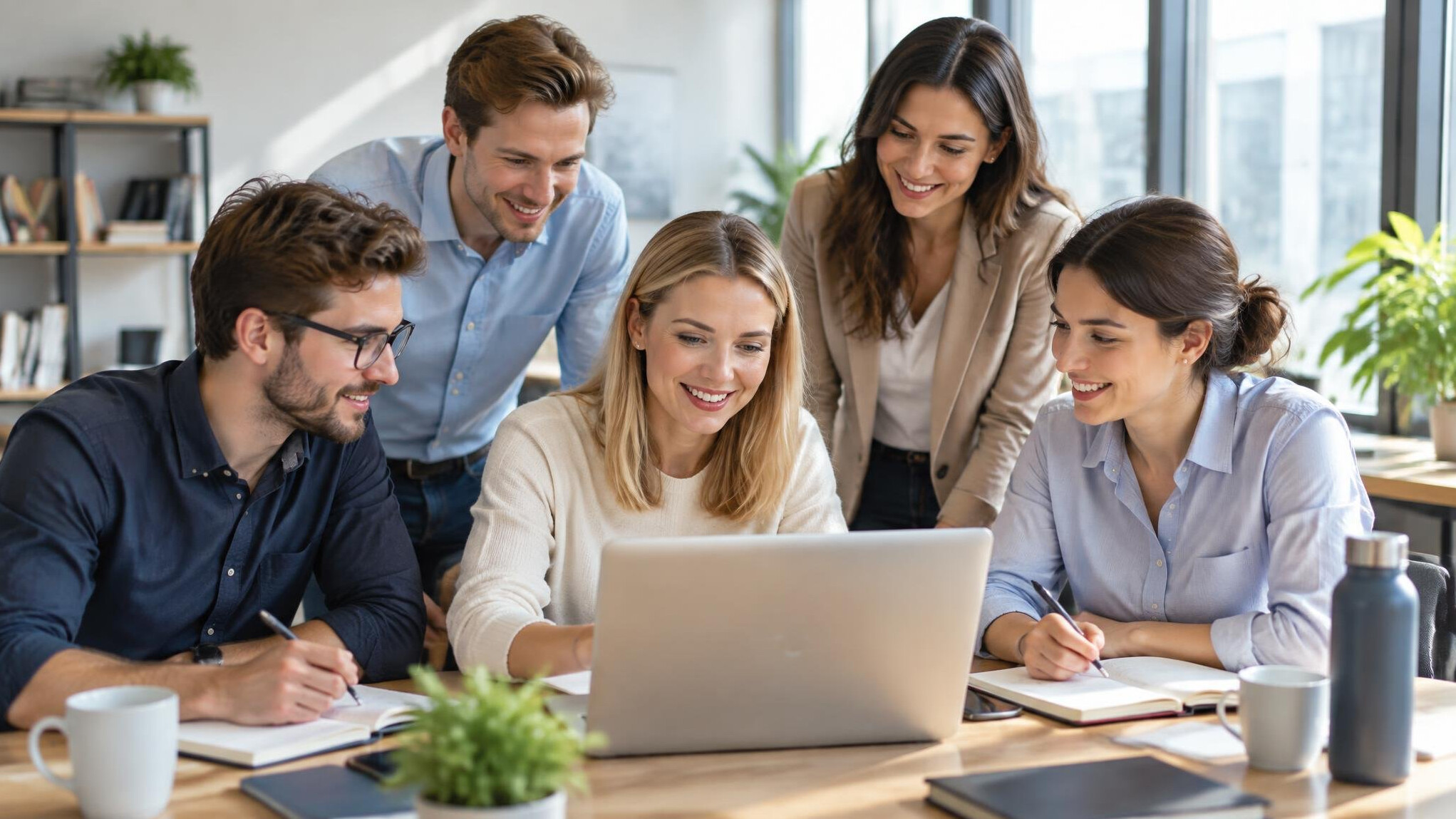 Colleagues collaborating around a laptop in a modern office